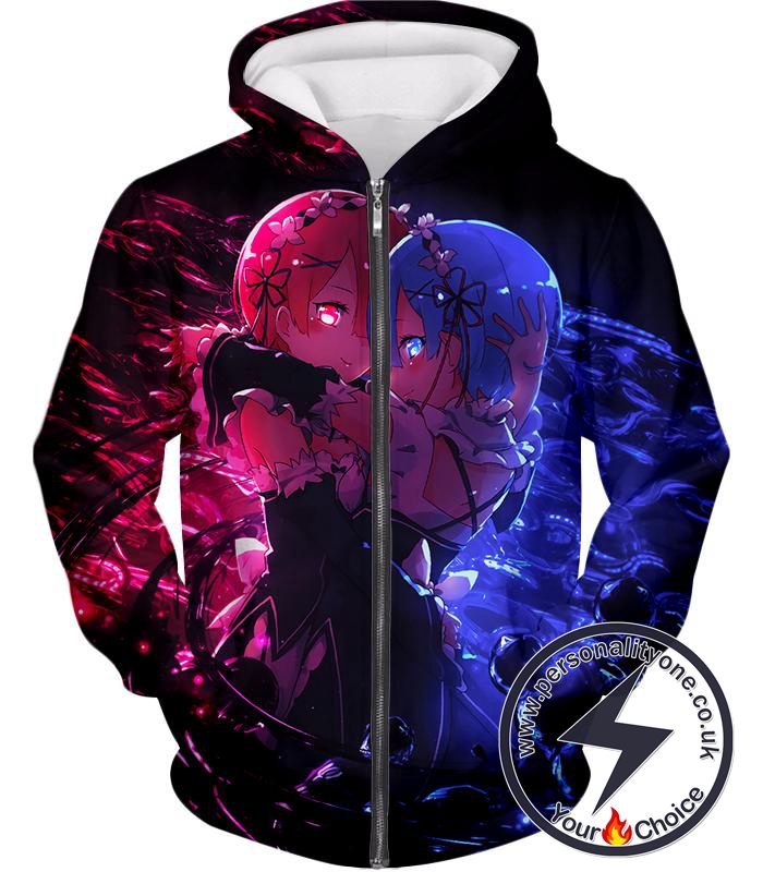 Re:Zero Wonderful Anime Twin Maids Rem and Ram Cute Black Zip Up Hoodie